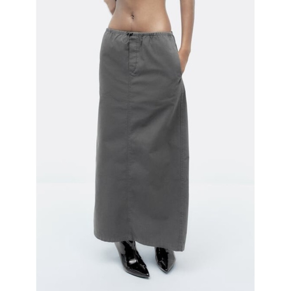 Zara Grey Cotton Ripstop Drawstring Maxi Cargo Skirt XS NWOT Utility Minimalist
